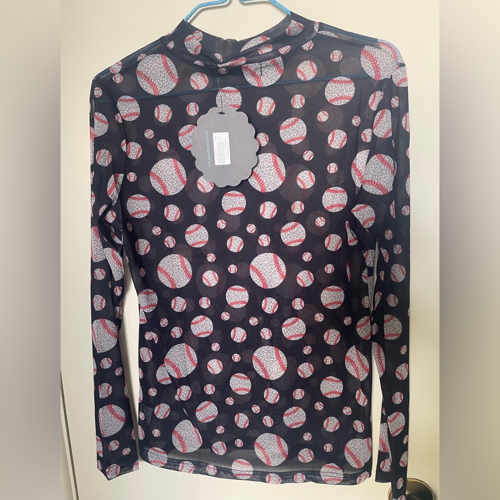 NWT Black Baseball Dot Long Sleeve sheer  Top